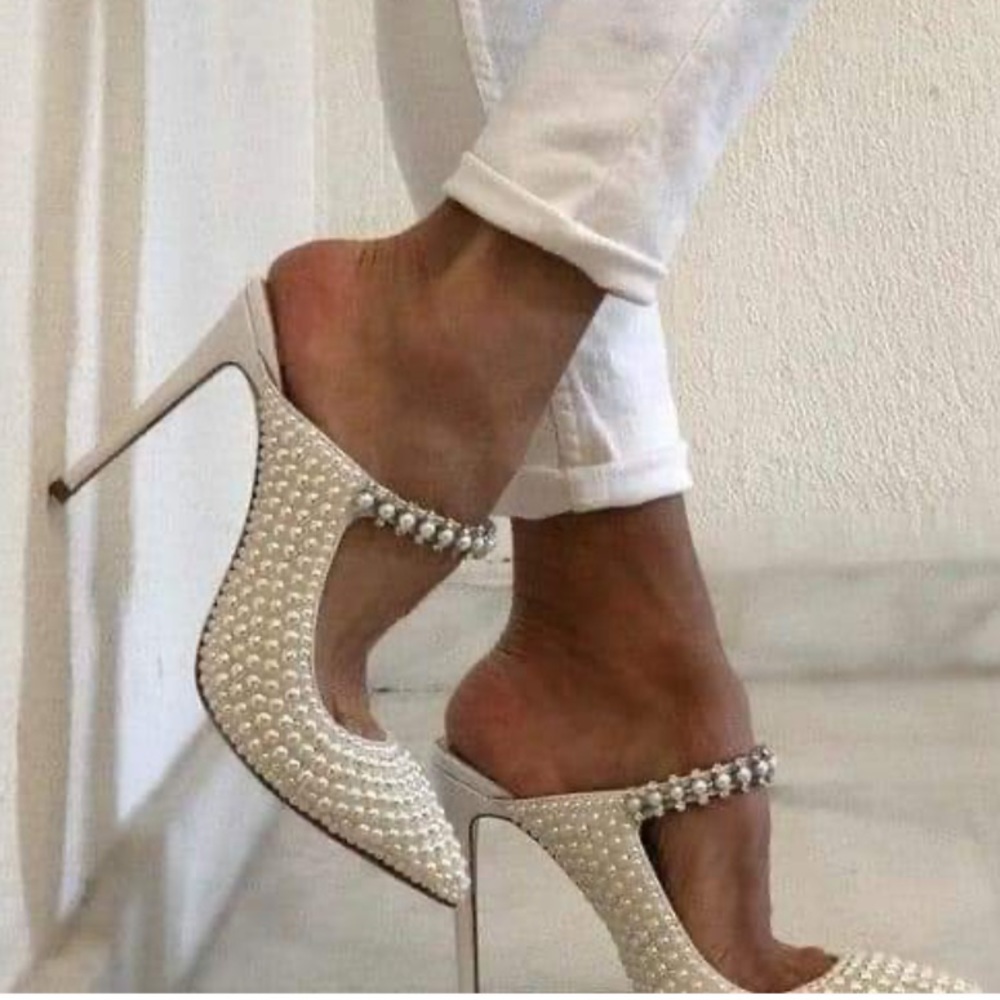 Cream colored,Pearl& rhinestone high heel slides